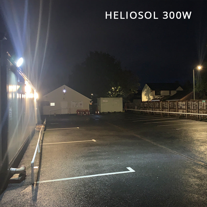 Heliosol 300W solar floodlight coverage across a car park