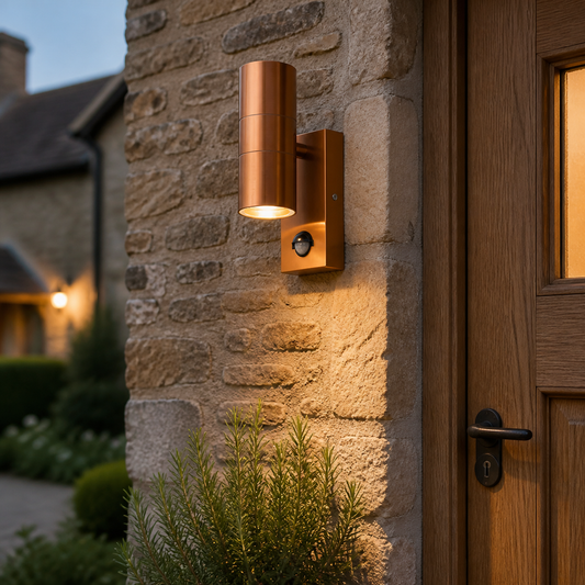 Rural Secure copper PorchGuard PIR Wall Light installed by a rural home entrance