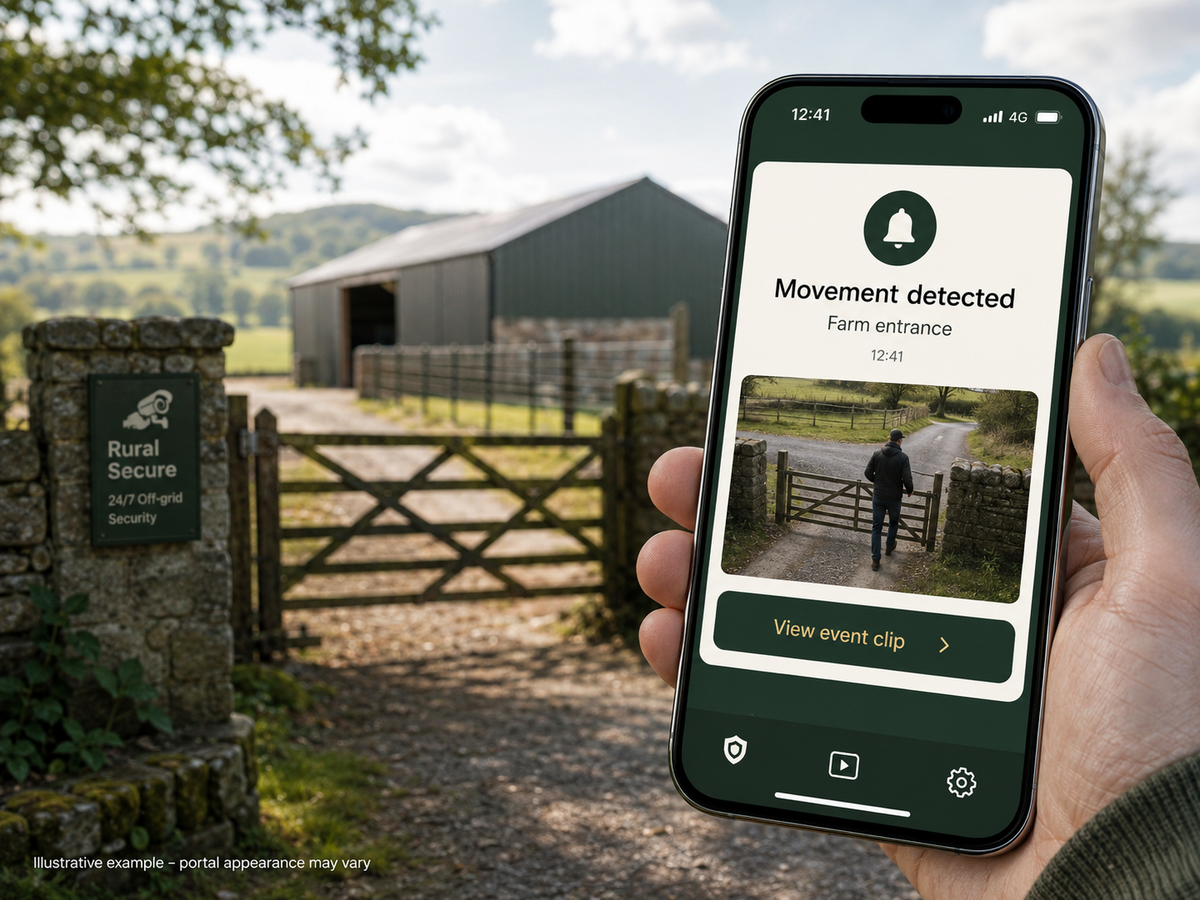 Illustrative movement alert and event clip from a Rural Secure 4G camera