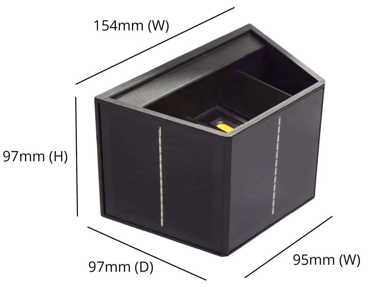 Aptrix solar wall light dimensions – 154mm wide, 97mm high and 97mm deep
