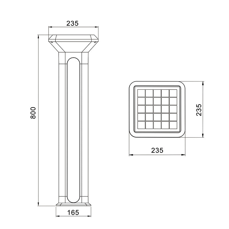 Arc solar path light dimensions – 800mm high with 235mm head