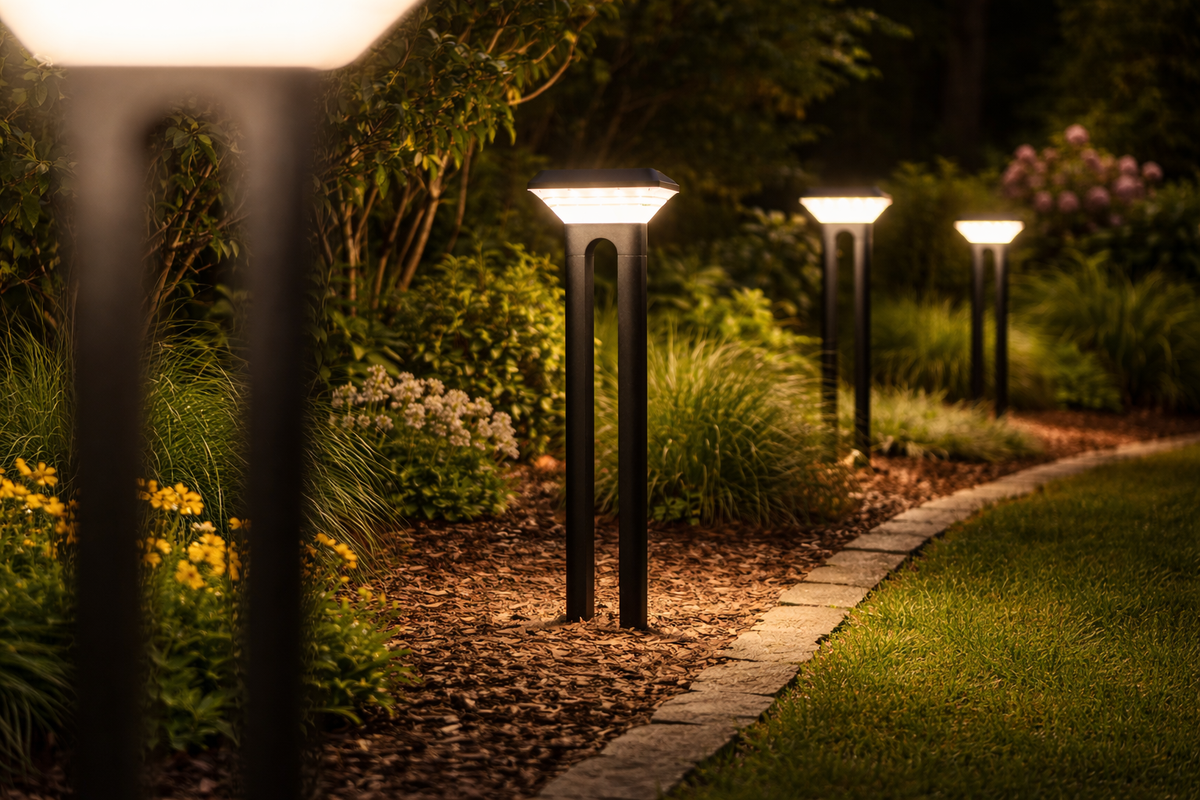 Arc solar path lights illuminating a garden path