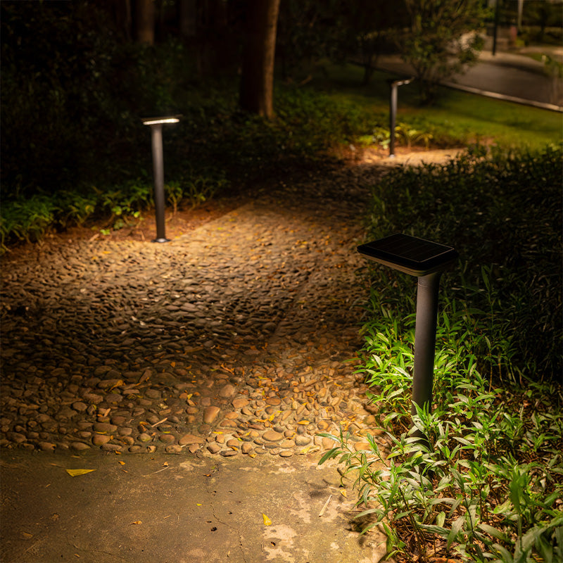 Bastion solar post lights directing light across a rural path