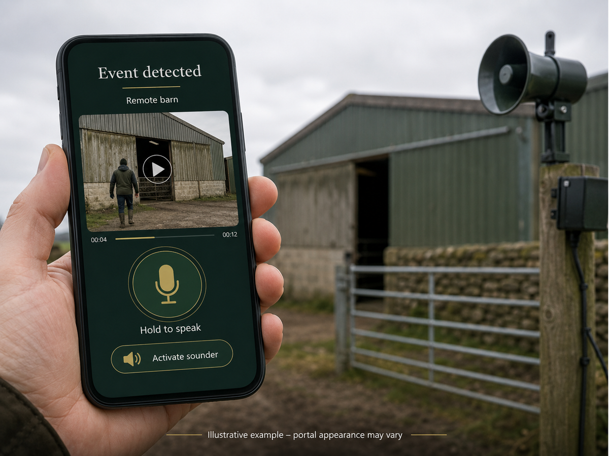 Illustrative camera event with voice challenge and sounder controls