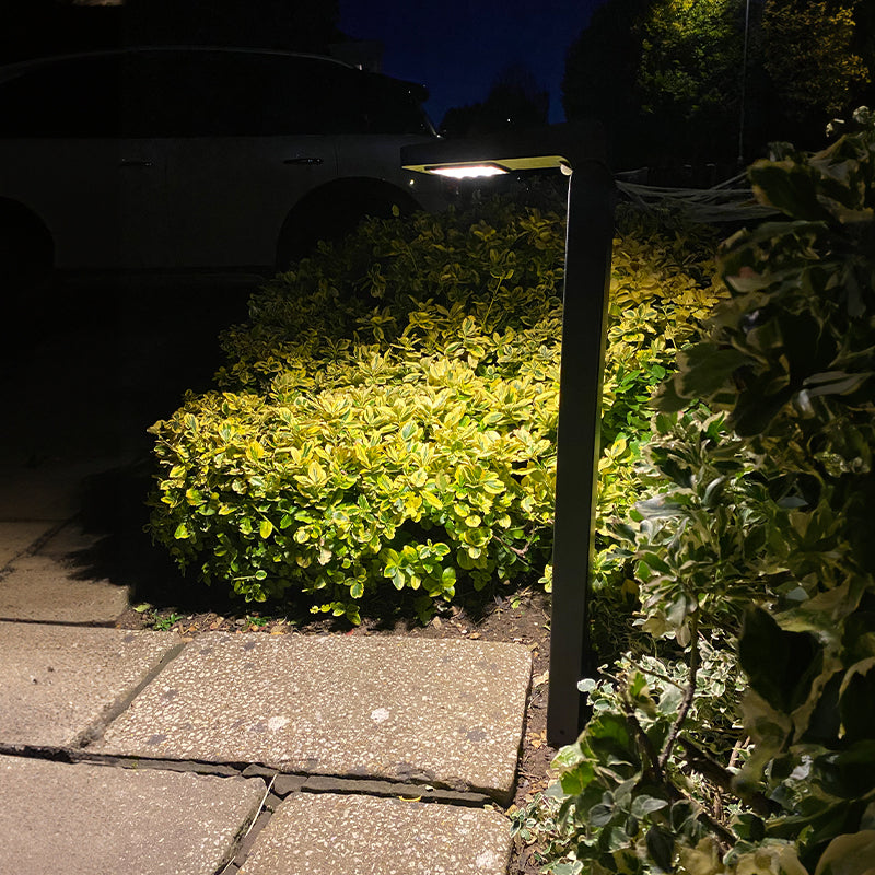 Cresta solar bollard illuminating shrubs and paving