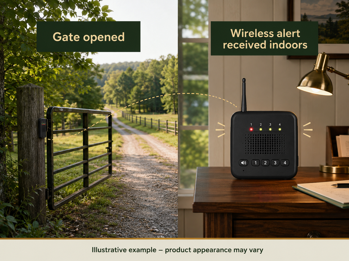 Illustrative gate-opened alert sent to an indoor receiver
