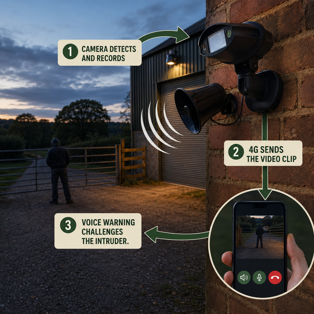 How the Rural Secure Wireless HD Cam Voice Deterrent Kit works