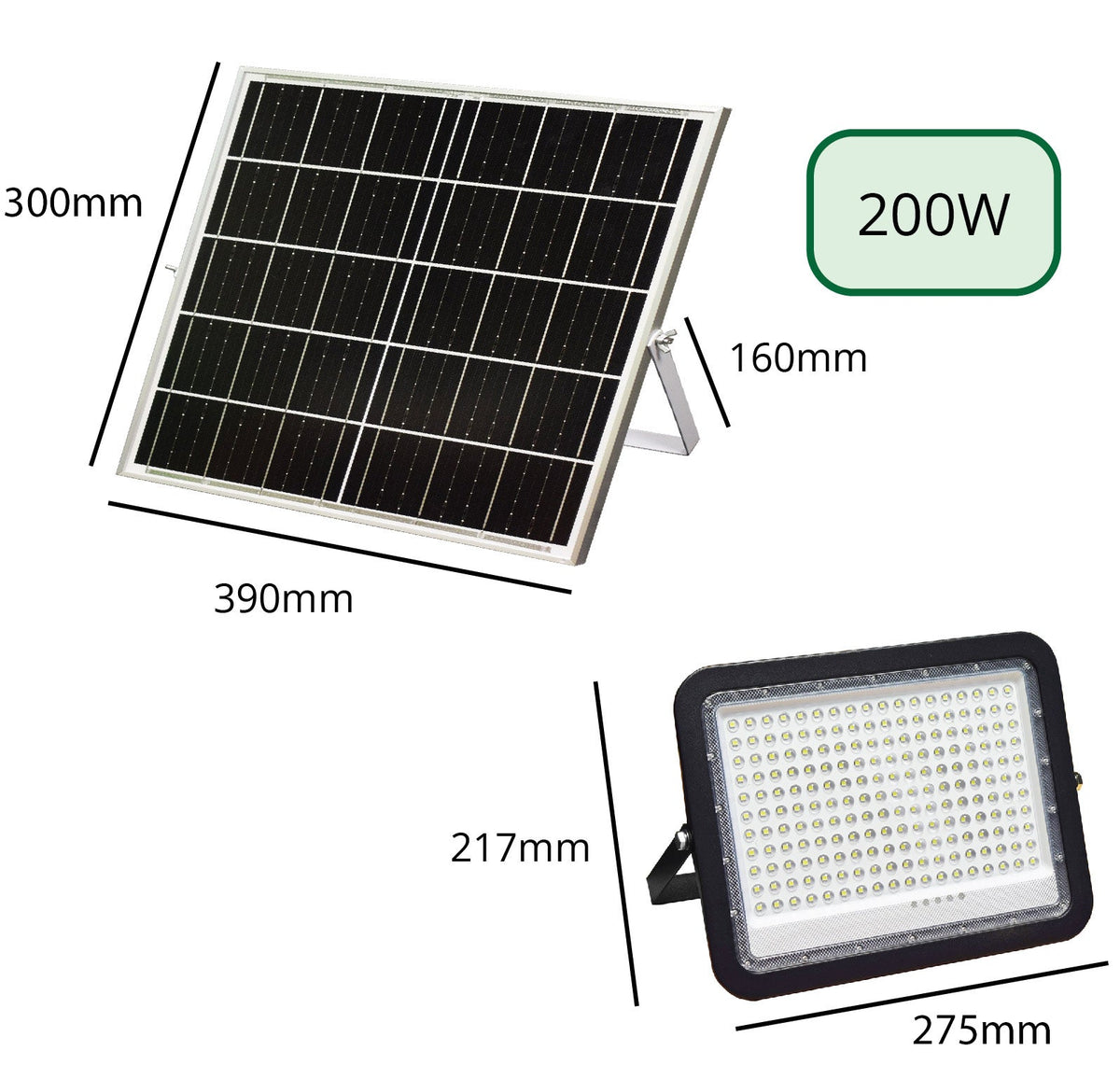 Heliosol 200W solar floodlight and panel dimensions