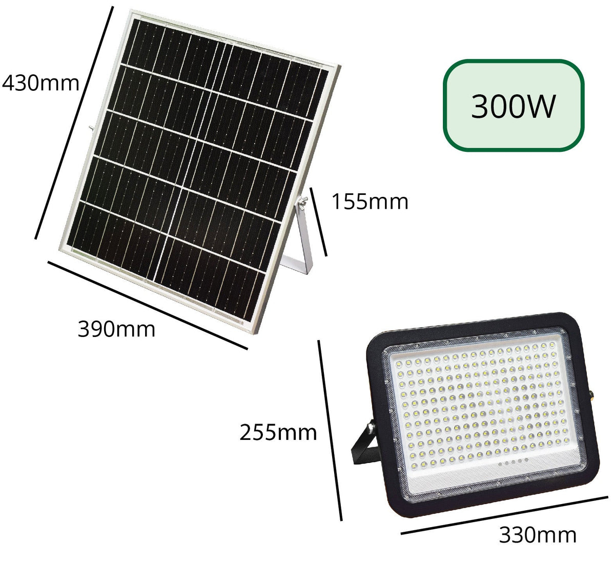 Heliosol 300W solar floodlight and panel dimensions
