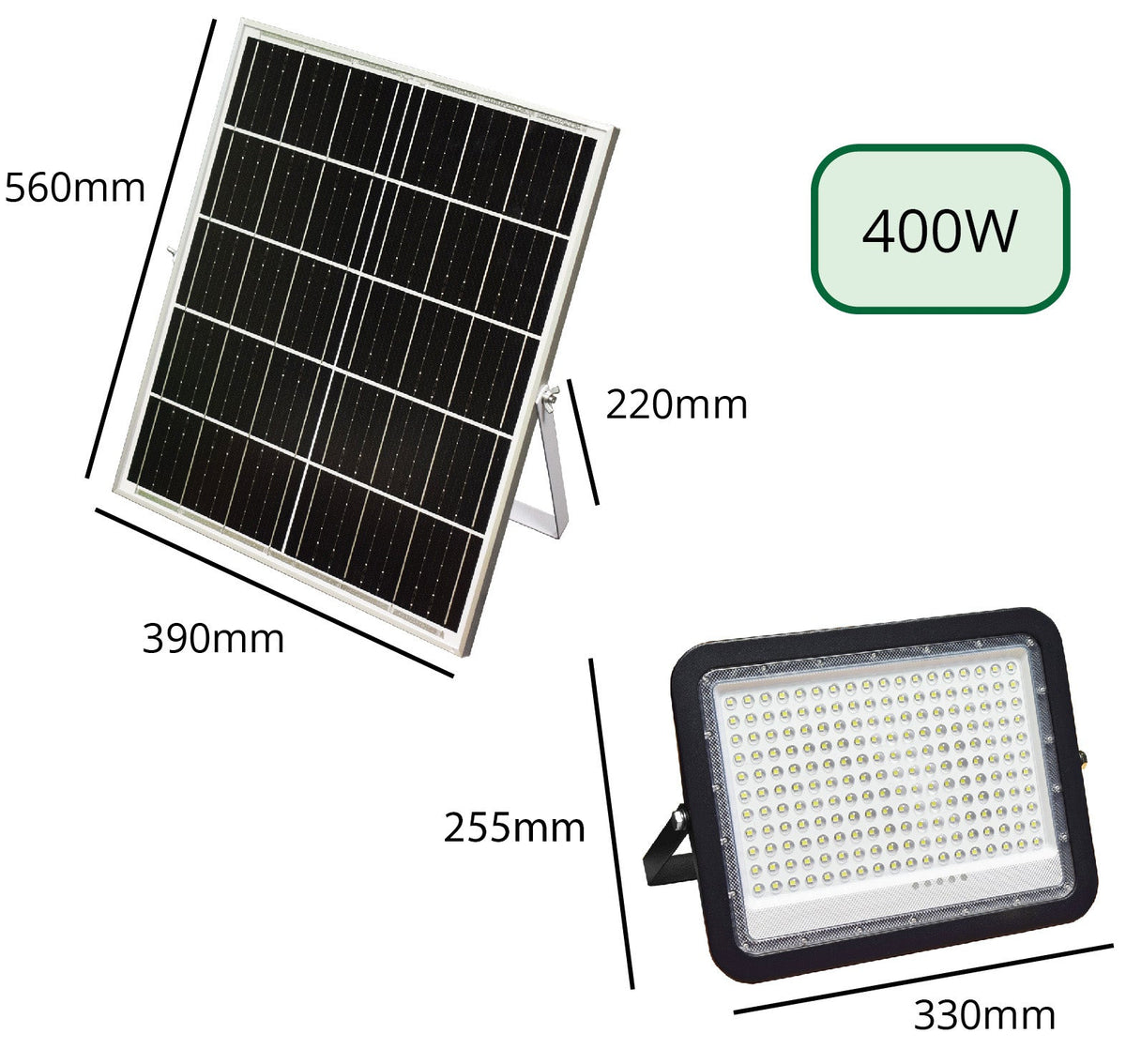Heliosol 400W solar floodlight and panel dimensions
