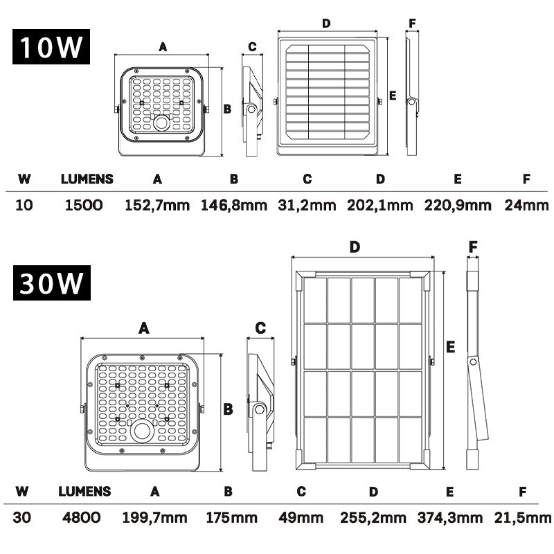 Observa solar PIR floodlight dimensions and line drawing