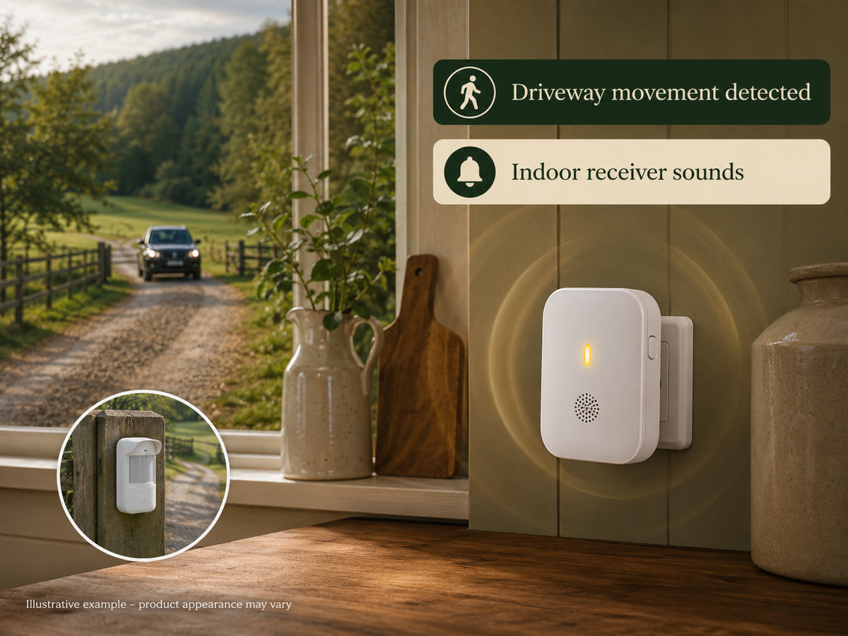How driveway movement triggers an audible indoor receiver alert