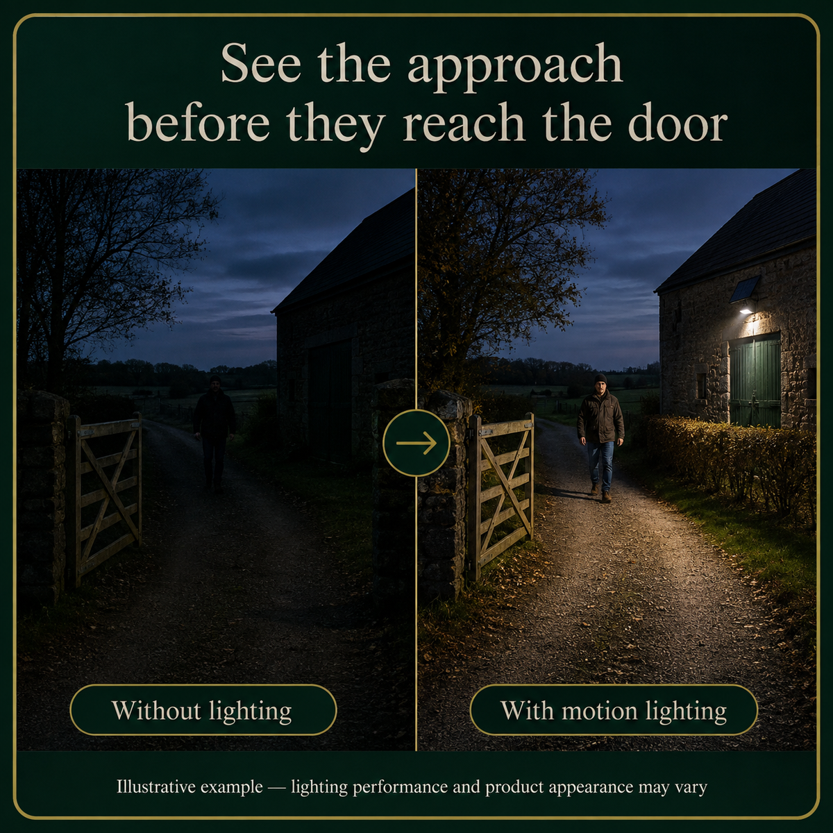 Rural entrance before and after motion security lighting