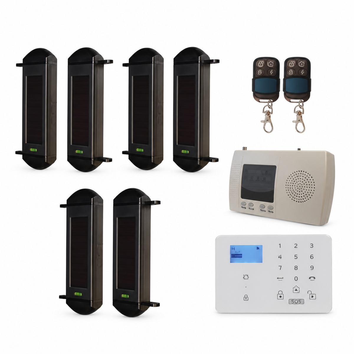 Three-Pair 4G Perimeter Kit contents: six 1B-100 beam units, one receiver, one 4G dialler and two remotes