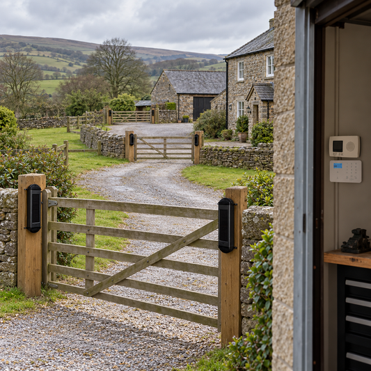Rural Secure Three-Pair 4G Perimeter Kit with three beam pairs installed at a rural property