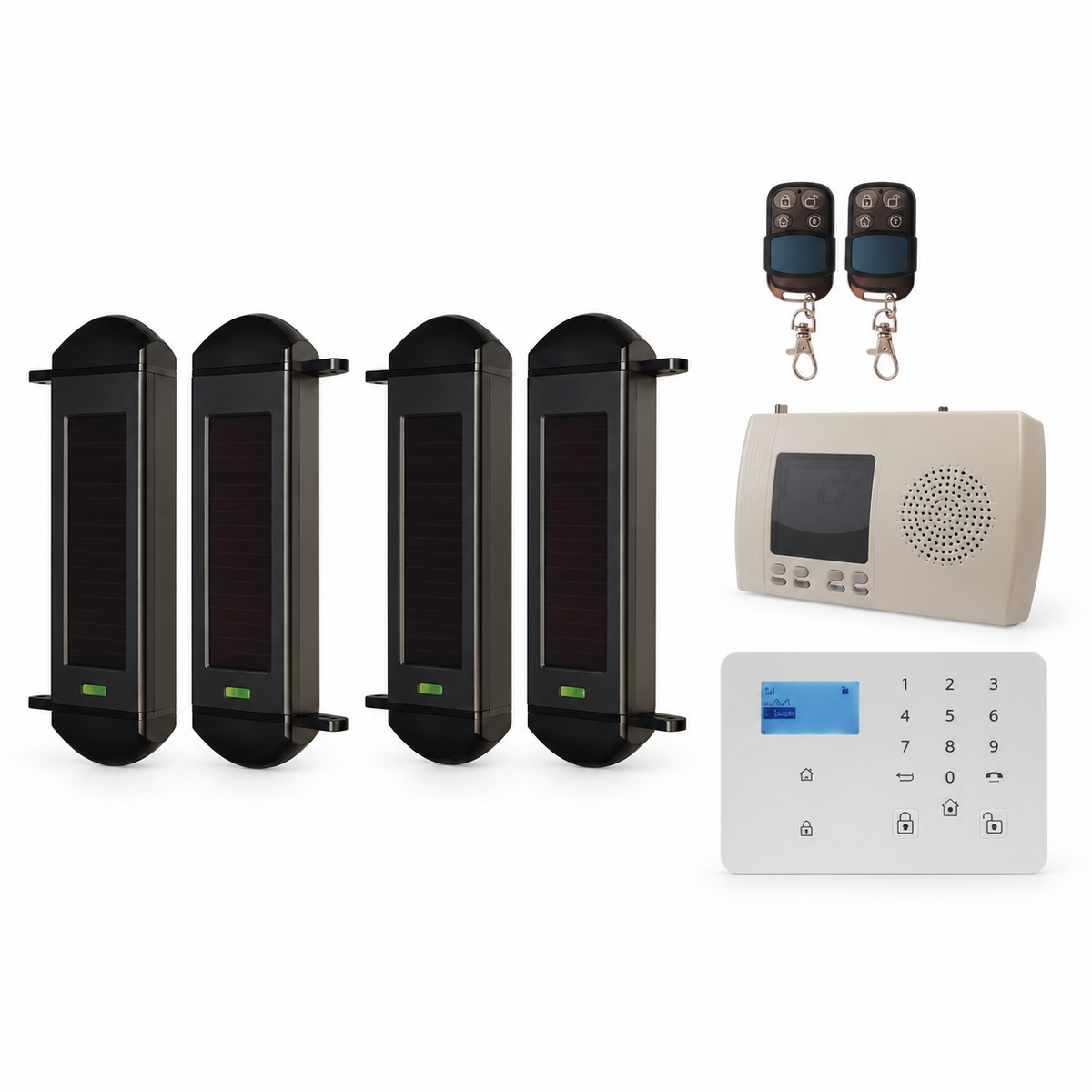 Two-Pair 4G Perimeter Kit contents: four 1B-100 beam units, one receiver, one 4G dialler and two remotes